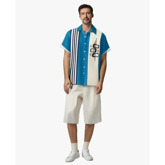 ❤️Men Blue Print Short Sleeve  Hawaiian Fit Casual Button Down Beach Shirts - Picture 3 of 7